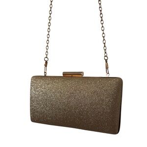 Elegant Gold Glitter Hard Case Evening Clutch Bag Chain Strap Rectangle Shape